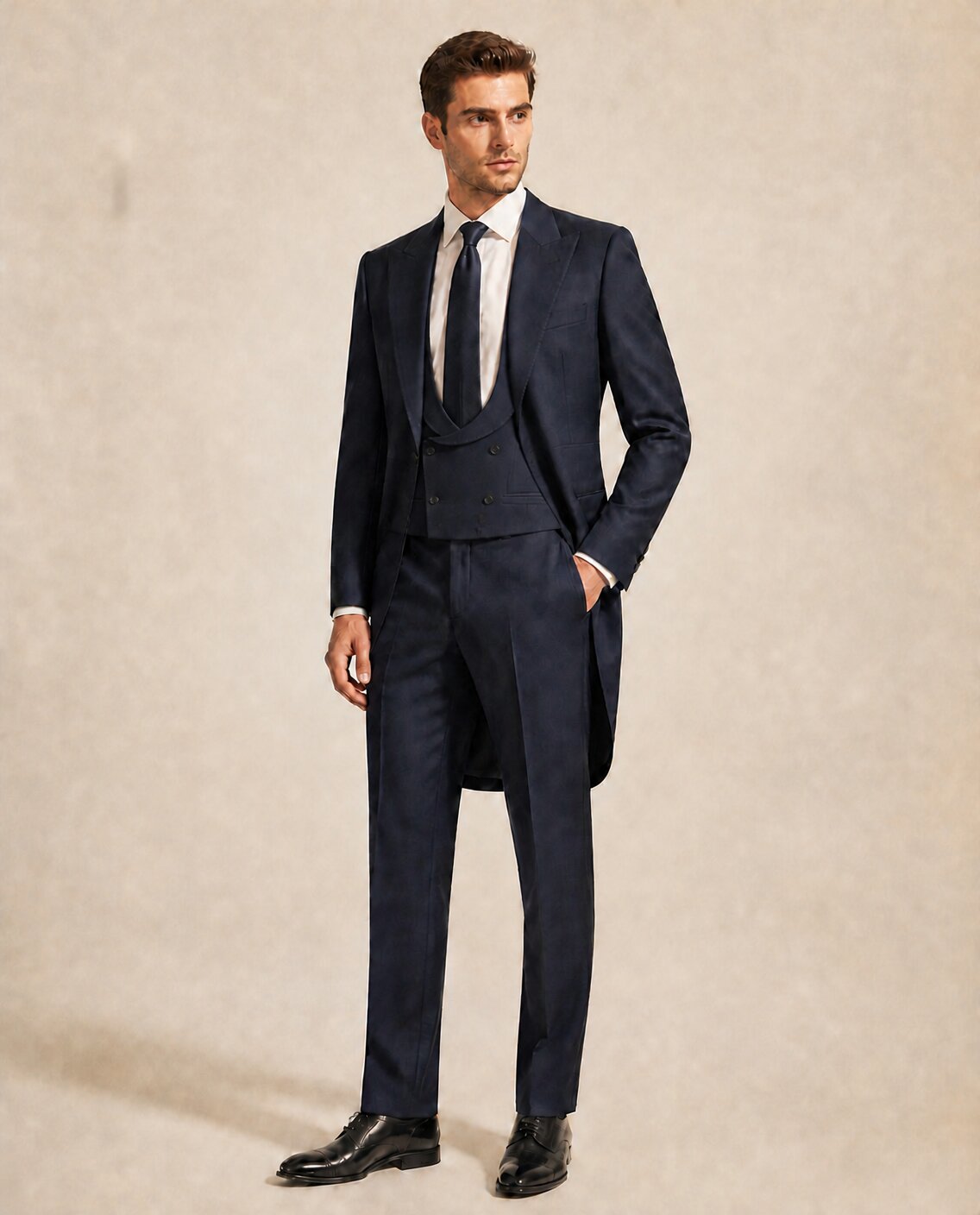 Chaqué azul marino Barneto modelo Dandy con chaleco de herradura