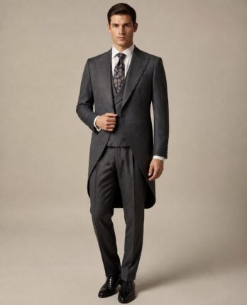 Chaqué gris marengo Barneto modelo Dandy con chaleco cruzado y corbata de cachemir, para novio y padrino